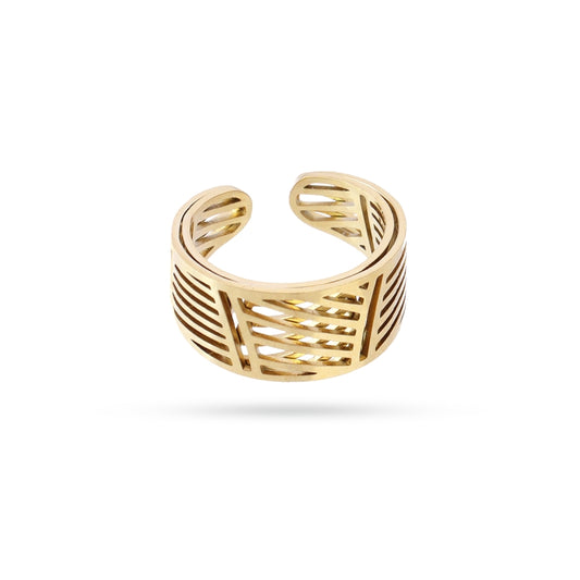Anillo de acero inoxidable con diseño rayado acabado oro  - mbyou