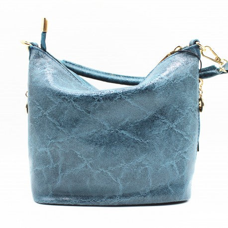 Bolso de piel 100% auténtica efecto serpiente con cremalleras color azul claro