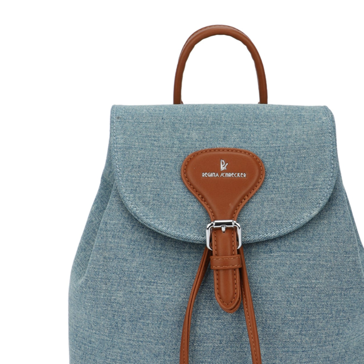 Bolso mochila denim azul claro combinado con detalles camel