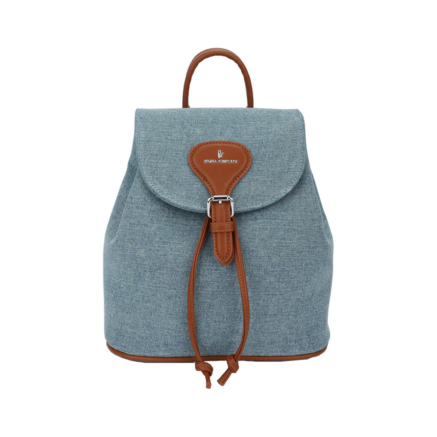 Bolso mochila denim azul claro combinado con detalles camel