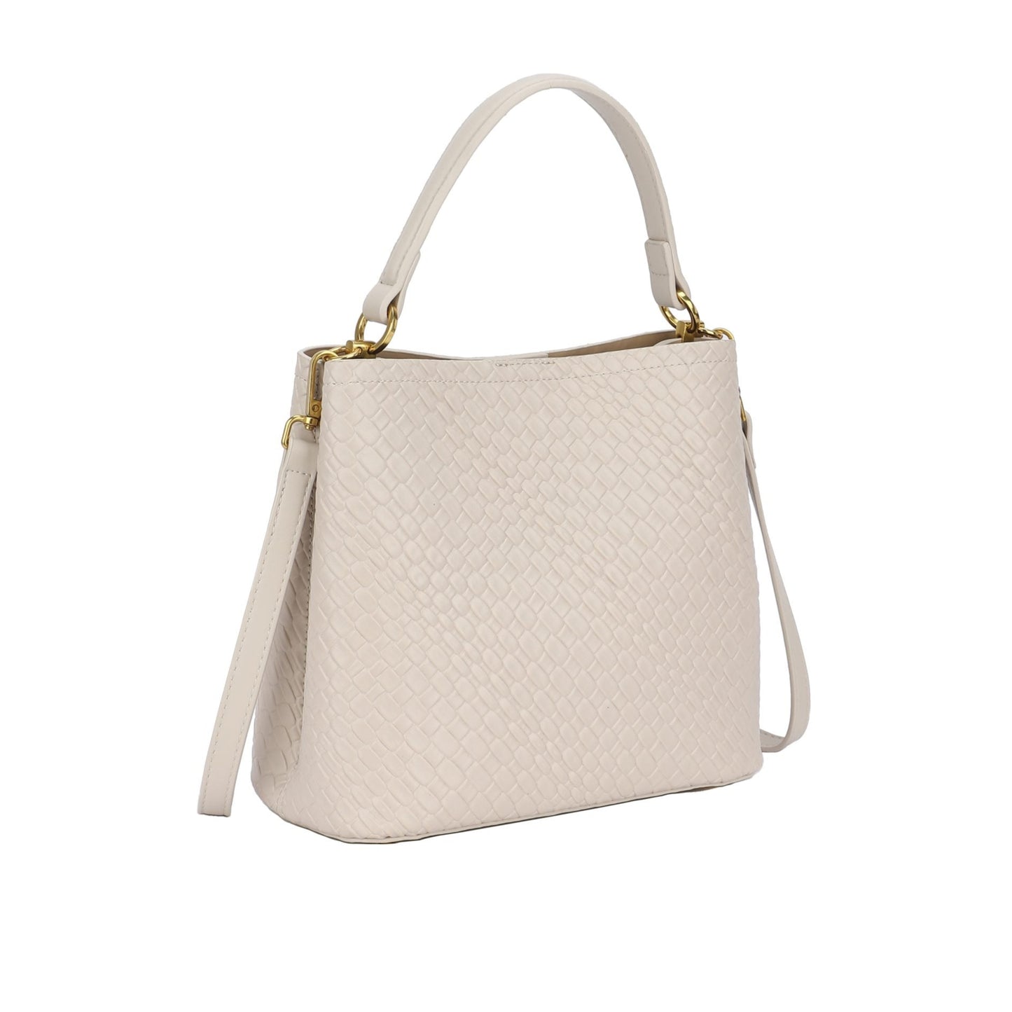 Bolso de mano y bandolera tipo bombonera efecto piel con relieve beige