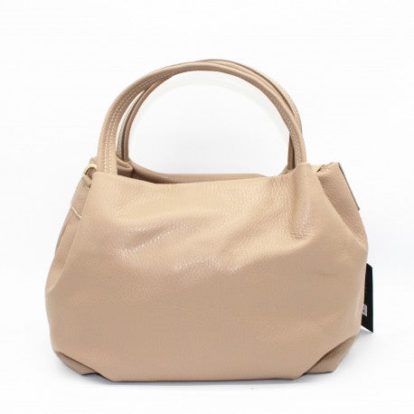 Bolso de piel 100% auténtica con asas cortas y bandolera y pliegues color beige