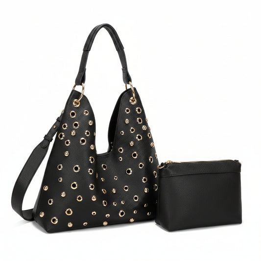 Bolso tipo hobo con neceser y diseño de tachuelas en color negro y acabado oro - Moments by You