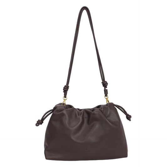 Bolso bandolera liso tipo saco con detalle de nudos en color marrón chocolate - mbyou