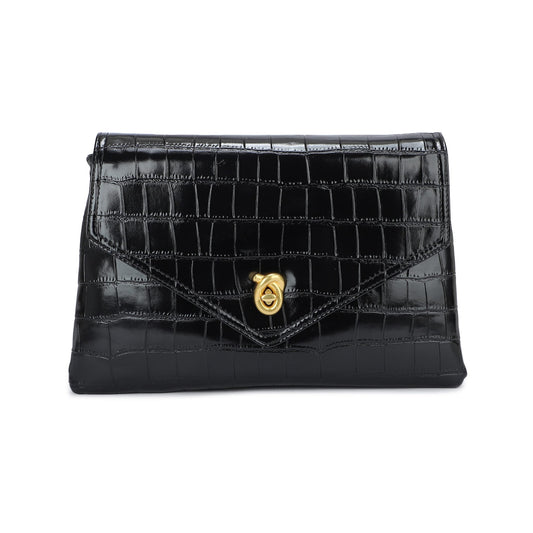 Bolso de mano y bandolera con solapa acabado cocodrilo color negro - mbyou