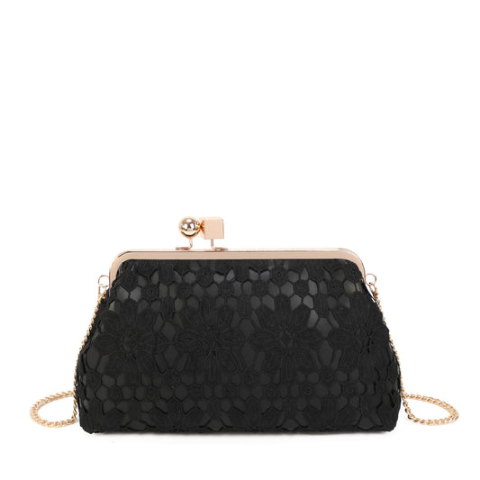 Bolso de fiesta con diseño floral tejido en varios colores y cierre vintage con cuadrado y esfera