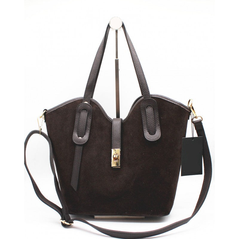 Bolso shopper de piel 100% vacuno acabado ante con neceser interior color marrón chocolate - mbyou