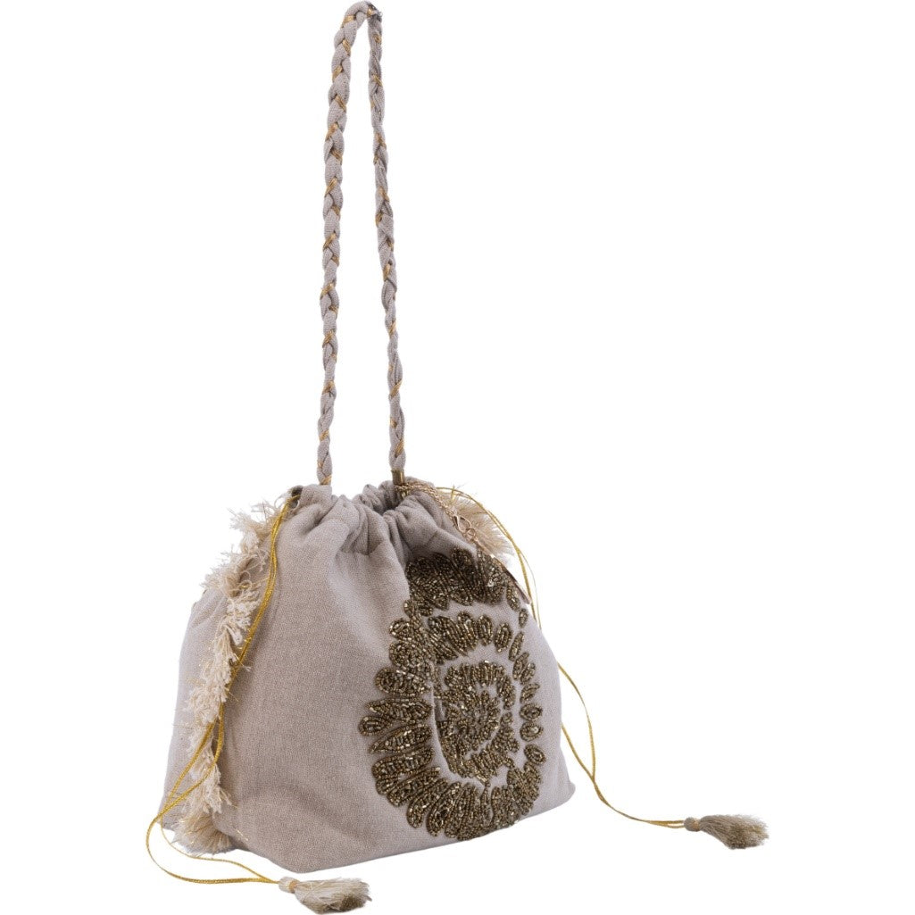 Bolso 100% fibra natural tipo saco con flecos y diseño de espiral brillante - Moments by You