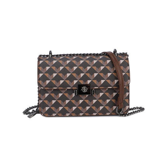 Bolso cartera de mano y bandolera con cadena estampado geométrico color chocolate - mbyou