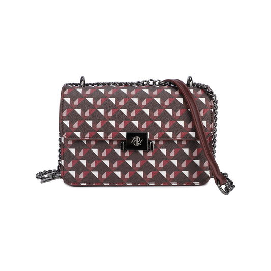 Bolso cartera de mano y bandolera con cadena estampado geométrico color burdeos - mbyou