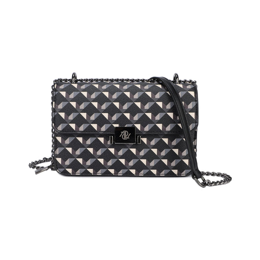 Bolso cartera de mano y bandolera con cadena estampado geométrico colores negro, blanco y gris - mbyou