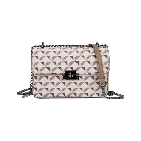 Bolso cartera de mano y bandolera con cadena estampado geométrico colores marrón y beige - mbyou