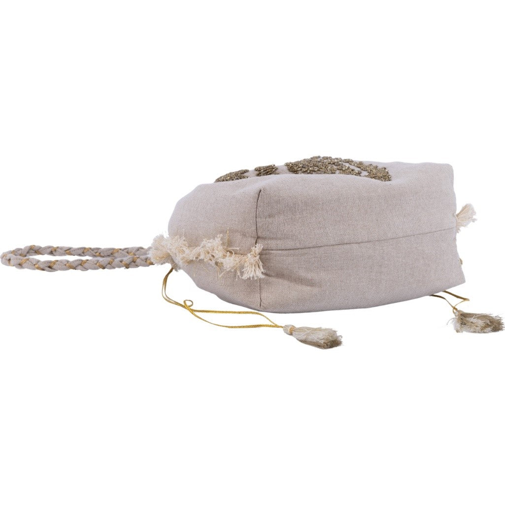 Bolso 100% fibra natural tipo saco con flecos y diseño de espiral brillante - Moments by You