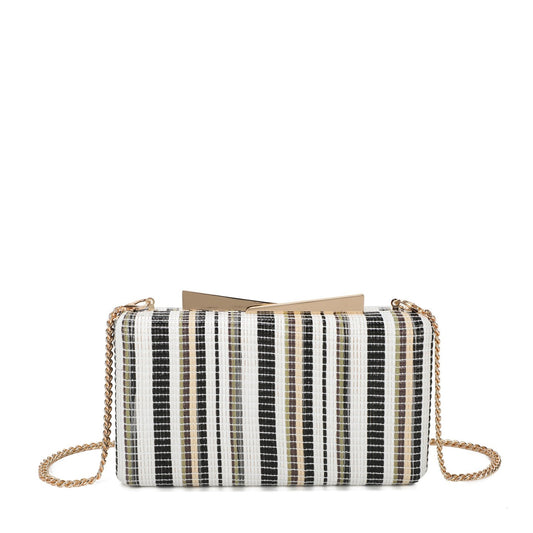 Bolso fiesta tipo clutch estampado a rayas con varios colores y cierre geométrico acabado oro