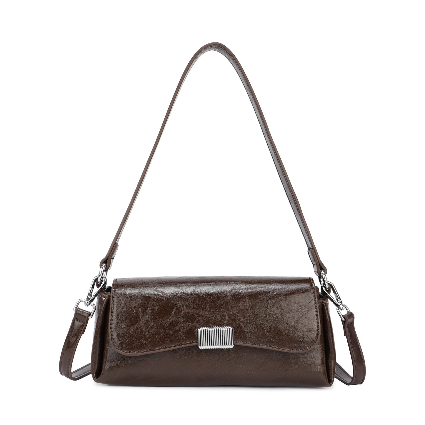 Bolso de hombro y bandolera de color marrón chocolate con solapa, alargado con herrajes plata- mbyou