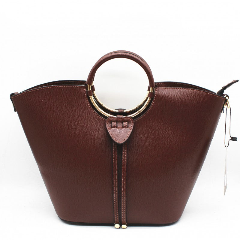 Bolso tipo capazo de piel 100% vacuno con un asa metálica redonda dorada color marrón chocolate - mbyou