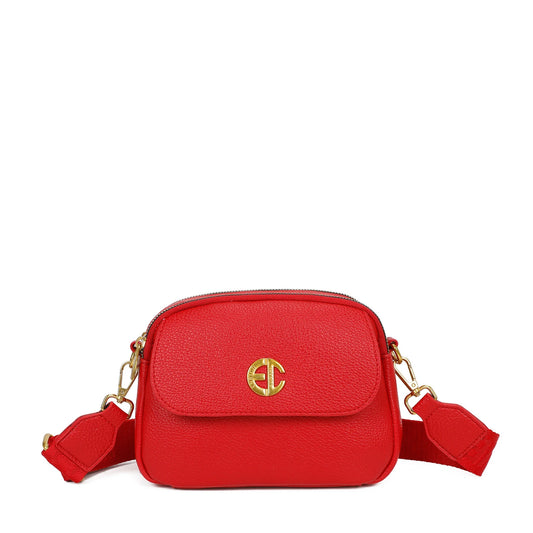 Bolso bandolera con cinta gruesa y cierre con solapa y detalle de marca color rojo - mbyou