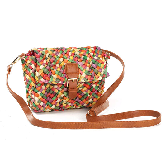 Bolso bandolera de paja multicolor con cierre con hebilla y bandolera camel - mbyou