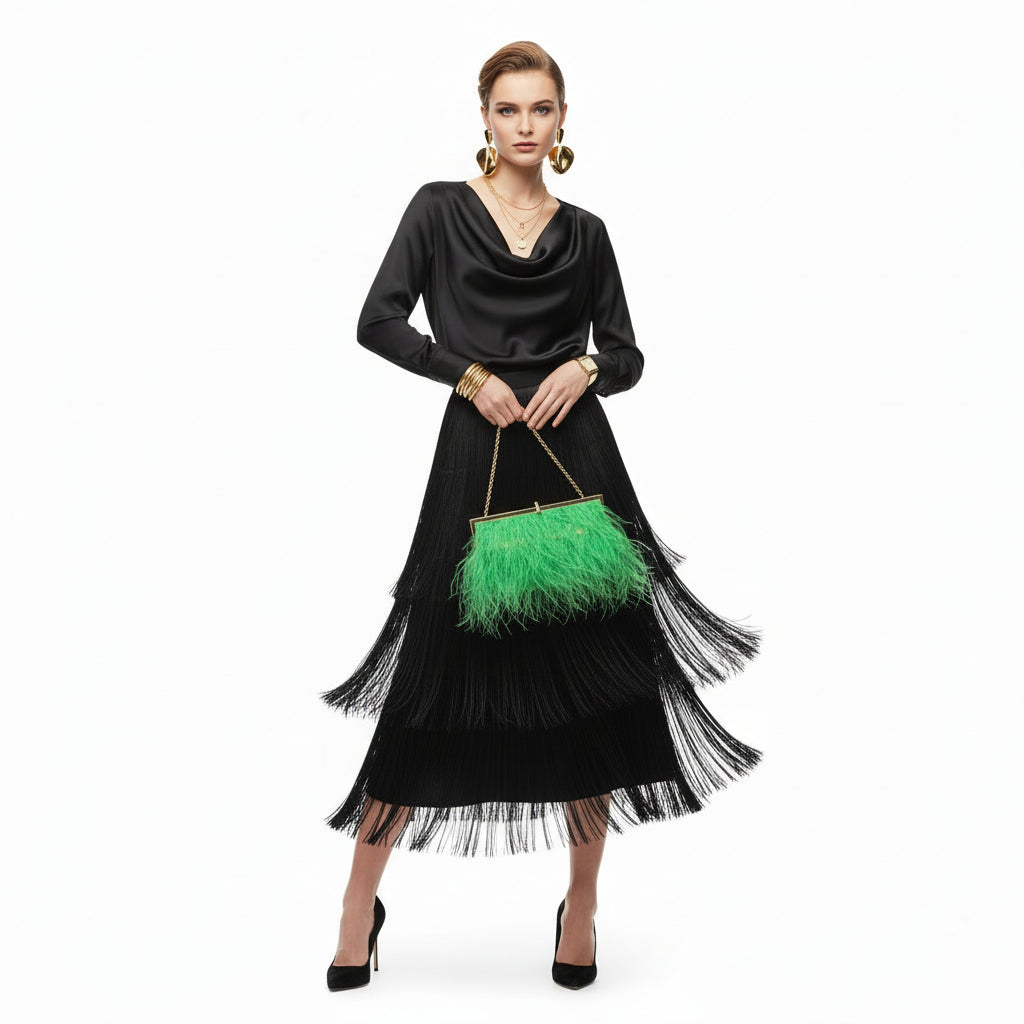 Bolso de fiesta tipo clutch con plumas verde y circonitas en el cierre - Moments by You