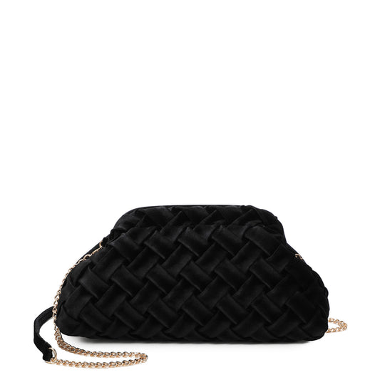 Sac à main pochette de soirée en satin noir avec bretelles croisées