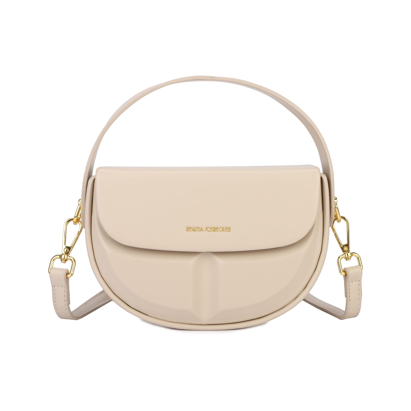 Bolso de mano y bandolera rígido con forma media luna y detalles geométricos color beige - mbyou