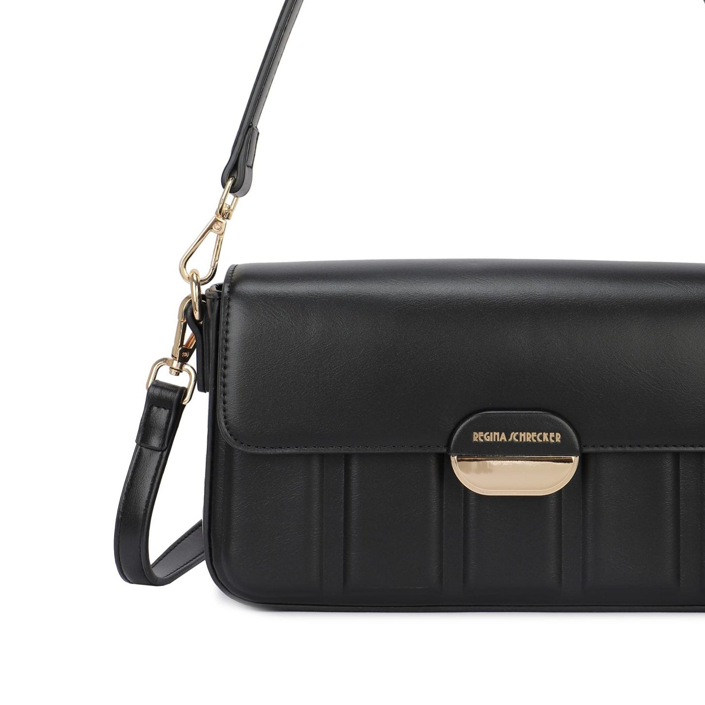 Bolso con patrón de líneas verticales en relieve con solapa y broche en acabado oro color negro - mbyou