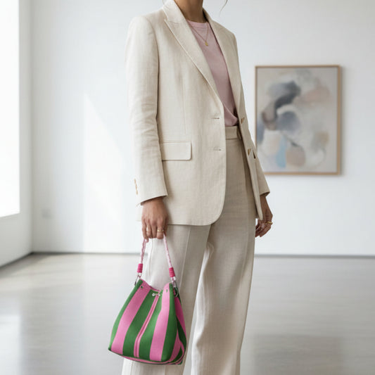 Bolso tipo bucket de tejido con asas y diseño colorido a rayas - Moments by You