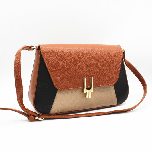 Bolso bandolera de piel 100% vacuno con formas geométricas en color camel, azul marino y topo - mbyou