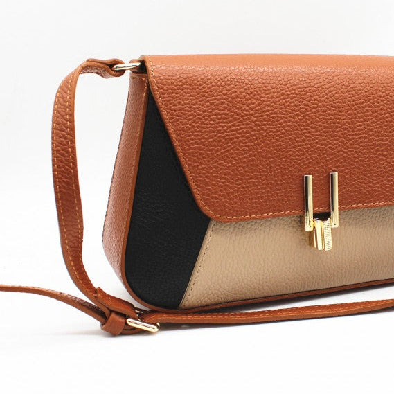 Bolso bandolera de piel 100% vacuno con formas geométricas en color camel, azul marino y topo - mbyou