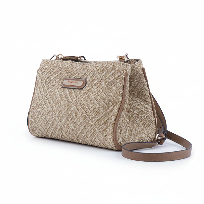 Bolso bandolera de fibra 100% natural mezclado con beige y dorado con doble cremallera - Moments by You