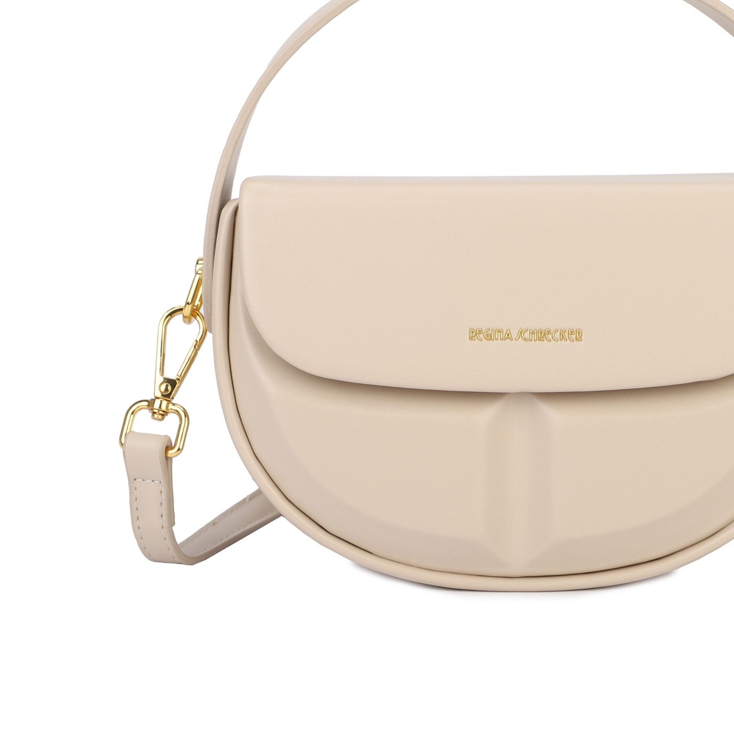 Bolso de mano y bandolera rígido con forma media luna y detalles geométricos color beige - mbyou