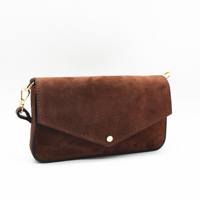 Bolso pequeño de piel 100% vacuno acabado ante con solapa y detalles dorados color marrón - mbyou