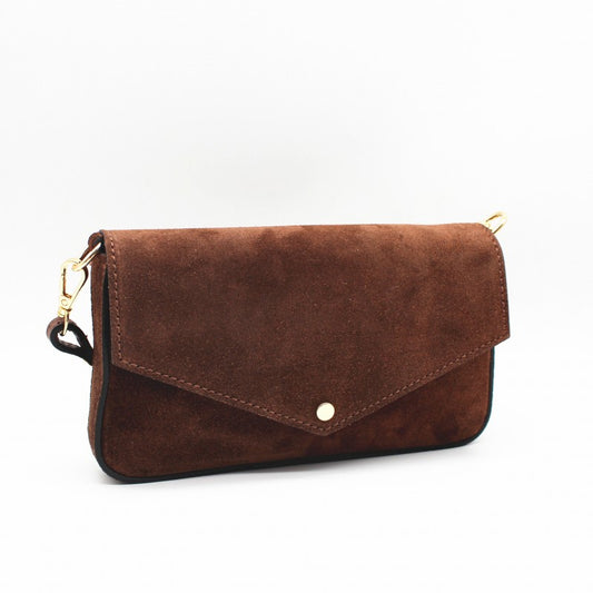 Bolso pequeño de piel 100% vacuno acabado ante con solapa y detalles dorados color marrón - mbyou