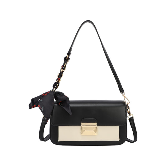 Bolso rectangular rígido con solapa bicolor con pañuelo incorporado en la cadena color negro y beige  - mbyou