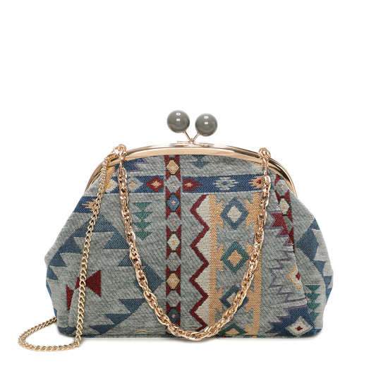 Bolso de mano y bandolera tipo vintage con tejido étnico y terciopelo en color verde - mbyou