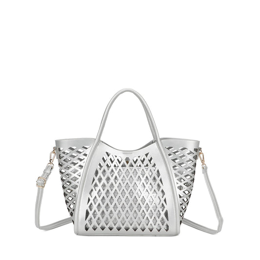 Bolso doble uno tipo shopper de rejilla, rígido y liso y otro tipo saco con lentejuelas todo en plateado - Moments by You
