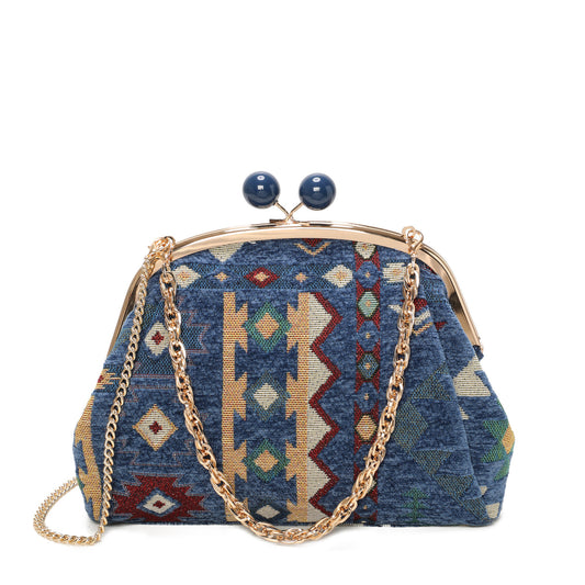 Bolso de mano y bandolera tipo vintage con tejido étnico y terciopelo en color azul -mbyou