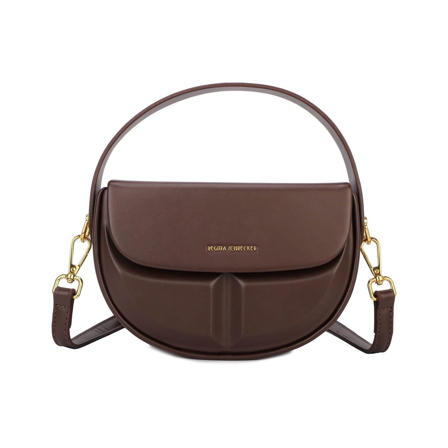 Bolso de mano y bandolera rígido con forma media luna y detalles geométricos color chocolate - mbyou