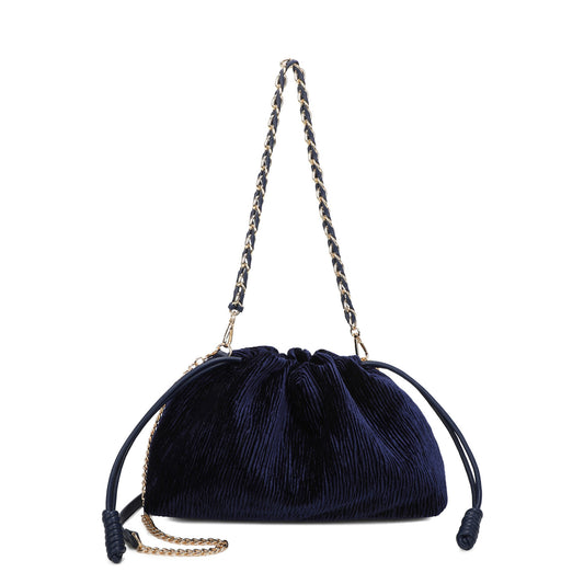 Bolso de bandolera en formato saco con tejido rugoso de terciopelo en color azul marino -mbyou