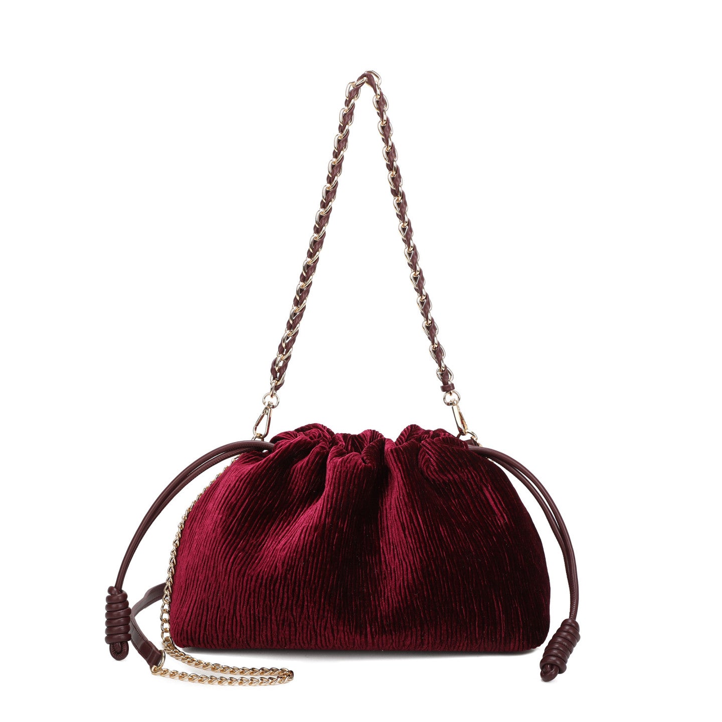Bolso de mano y bandolera en formato saco con tejido rugoso de terciopelo en color burdeos - mbyou