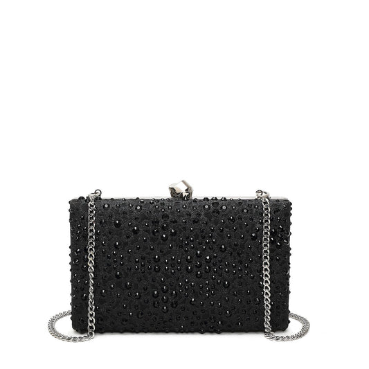 Bolso de mano tipo clutch con brillantes y acabado plata color negro - mbyou