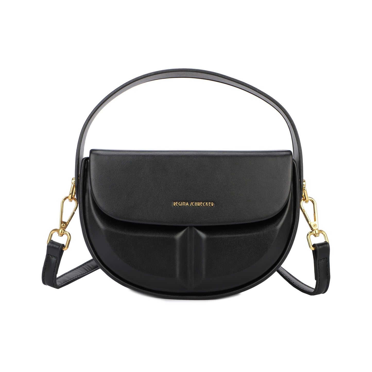 Bolso de mano y bandolera rígido con forma media luna y detalles geométricos color negro - mbyou