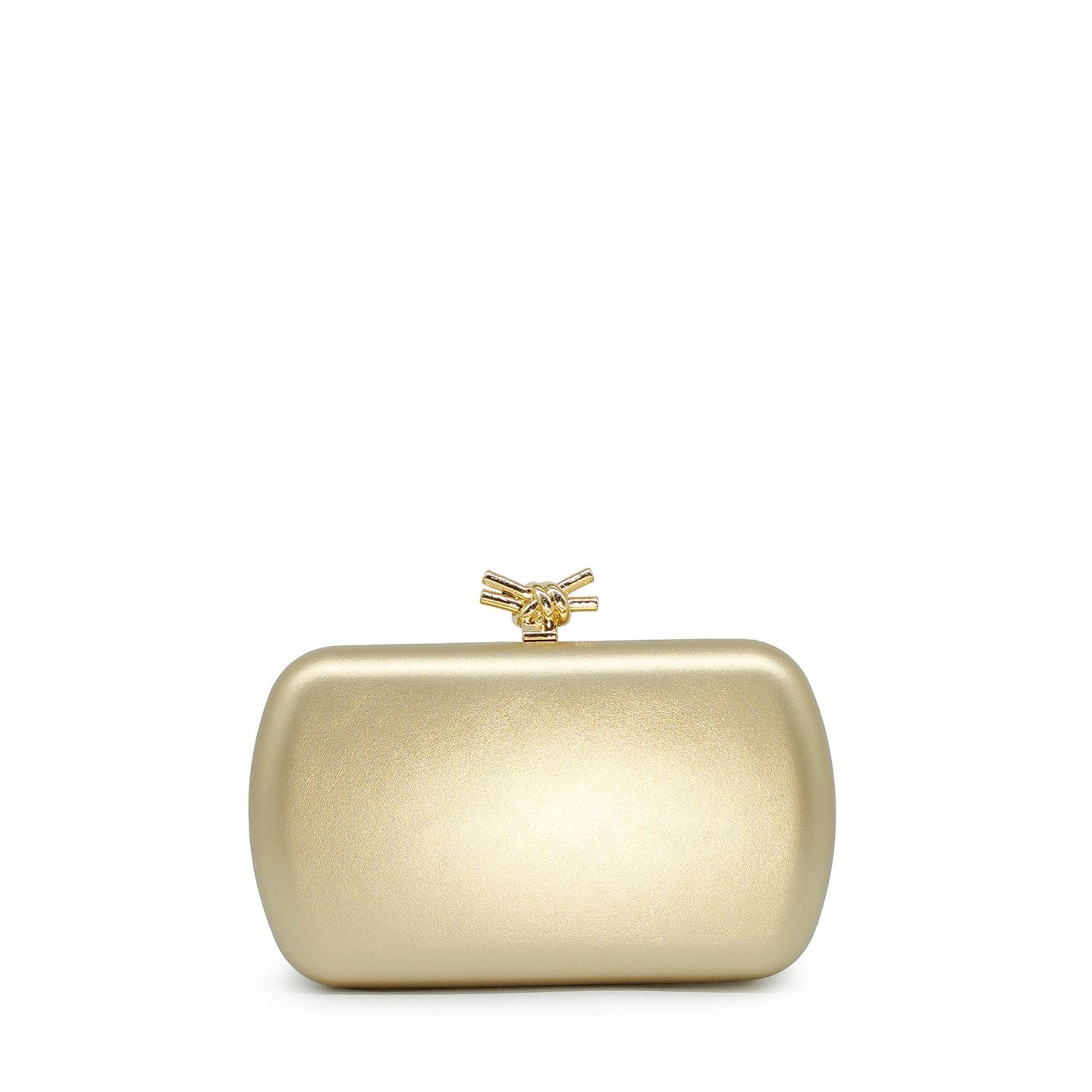 Bolso de mano tipo clutch en forma rectangular con cierre en forma de nudo en color dorado mate - mbyou