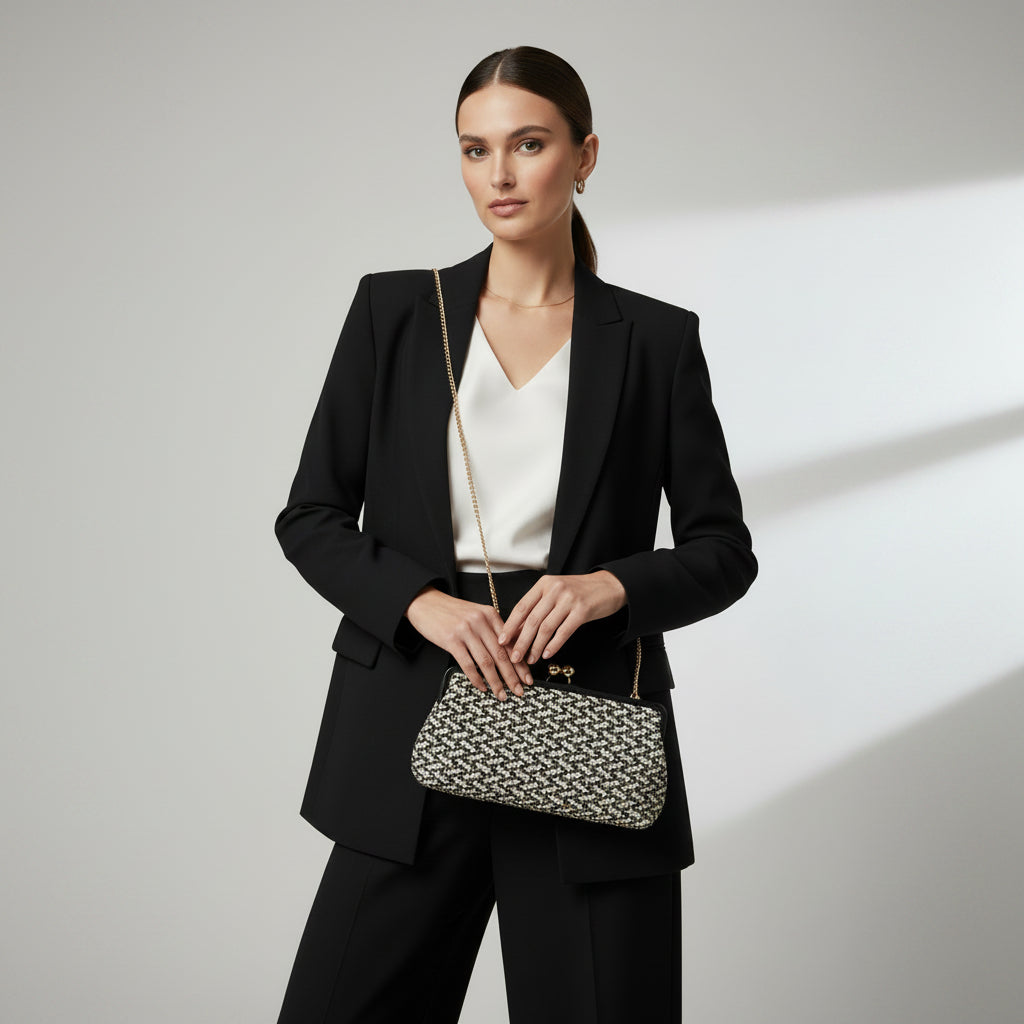 Bolso de fiesta clutch alargado con diseño tejido en negro y blanco y cierre vintage - Moments by You