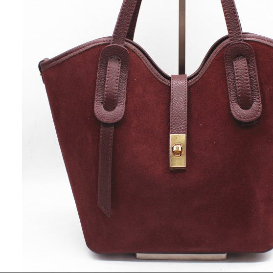 Bolso shopper de piel 100% vacuno con acabado ante y neceser interior color burdeos - mbyou