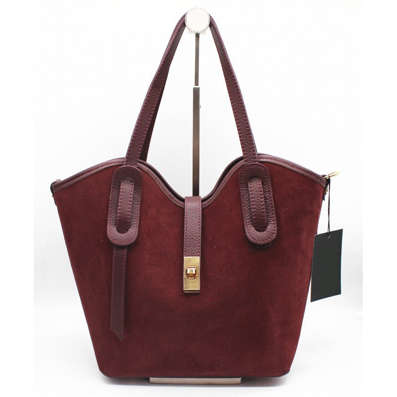 Bolso shopper de piel 100% vacuno con acabado ante y neceser interior color burdeos - mbyou