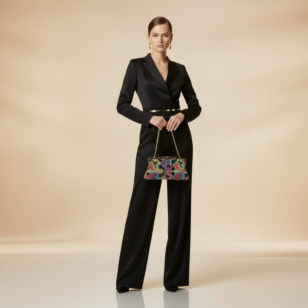 Bolso de fiesta tipo clutch con estampado colorido y detalles dorados - Moments by You