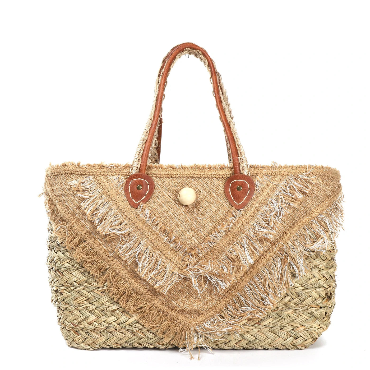 Bolso tipo capazo de rafia natural hecho a mano con detalle de flecos beige - Moments by You