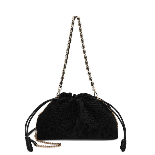 Sac à main pochette de soirée en satin noir avec bretelles croisées