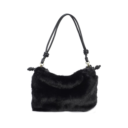 Bolso de hombro y bandolera tipo saco con pelo en color negro - mbyou